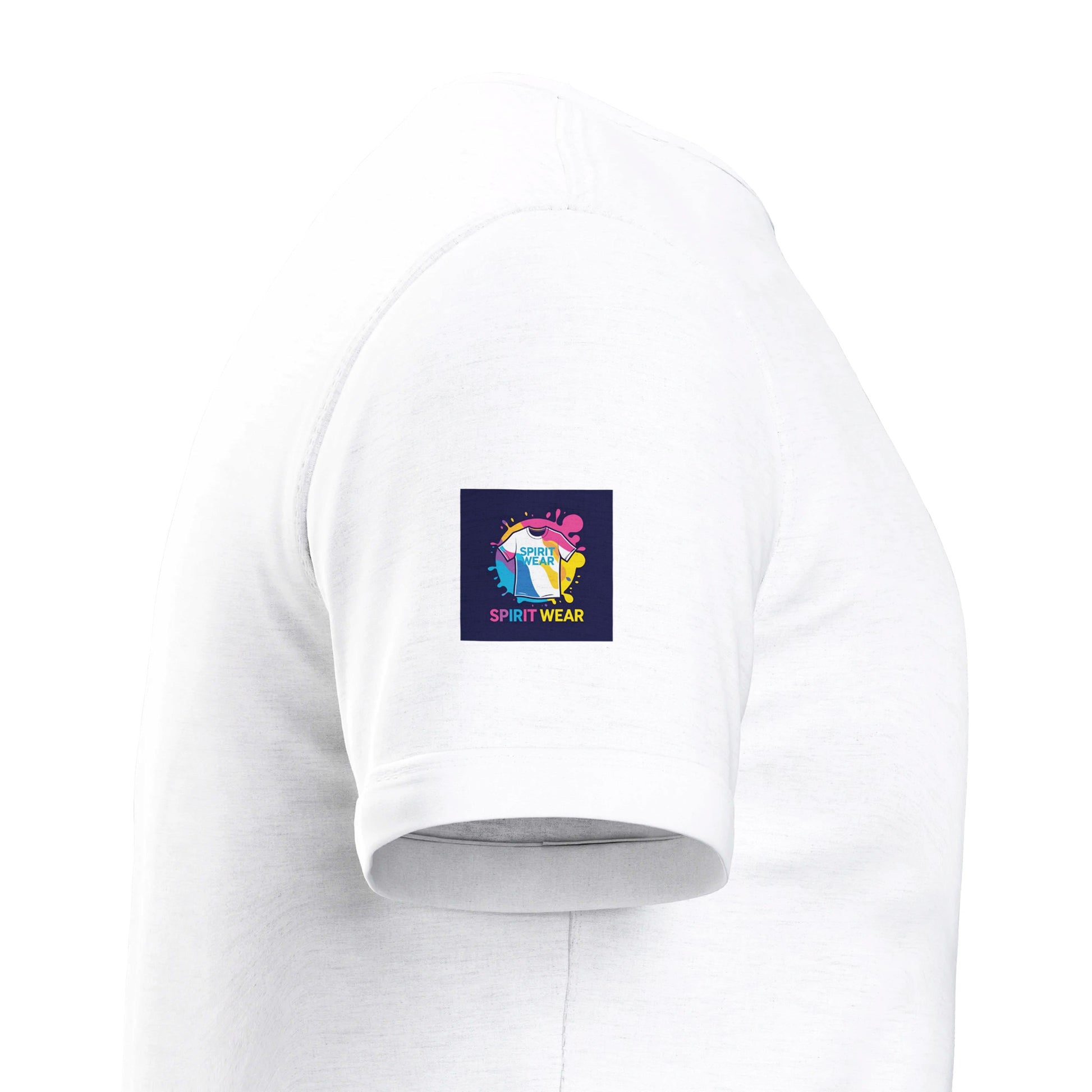 Side view of a white Christian inspirational t-shirt with Spirit Wear logo on the sleeve