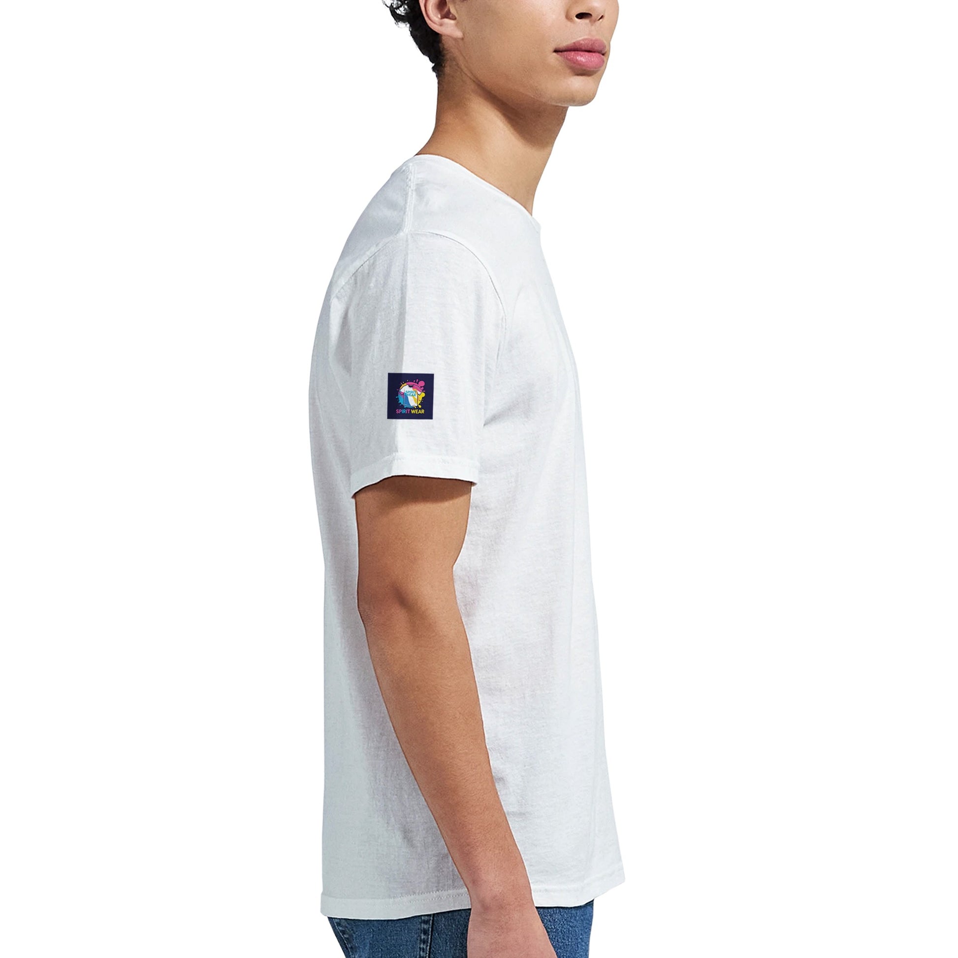Side view of a white Christian inspirational t-shirt from Spirit Wear, perfect for uplifting messages