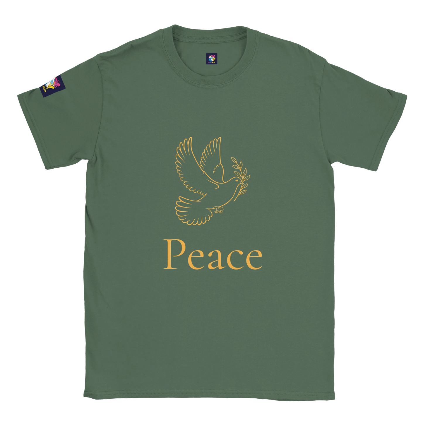 Christian peace t-shirt in olive green featuring a dove and peace symbol design