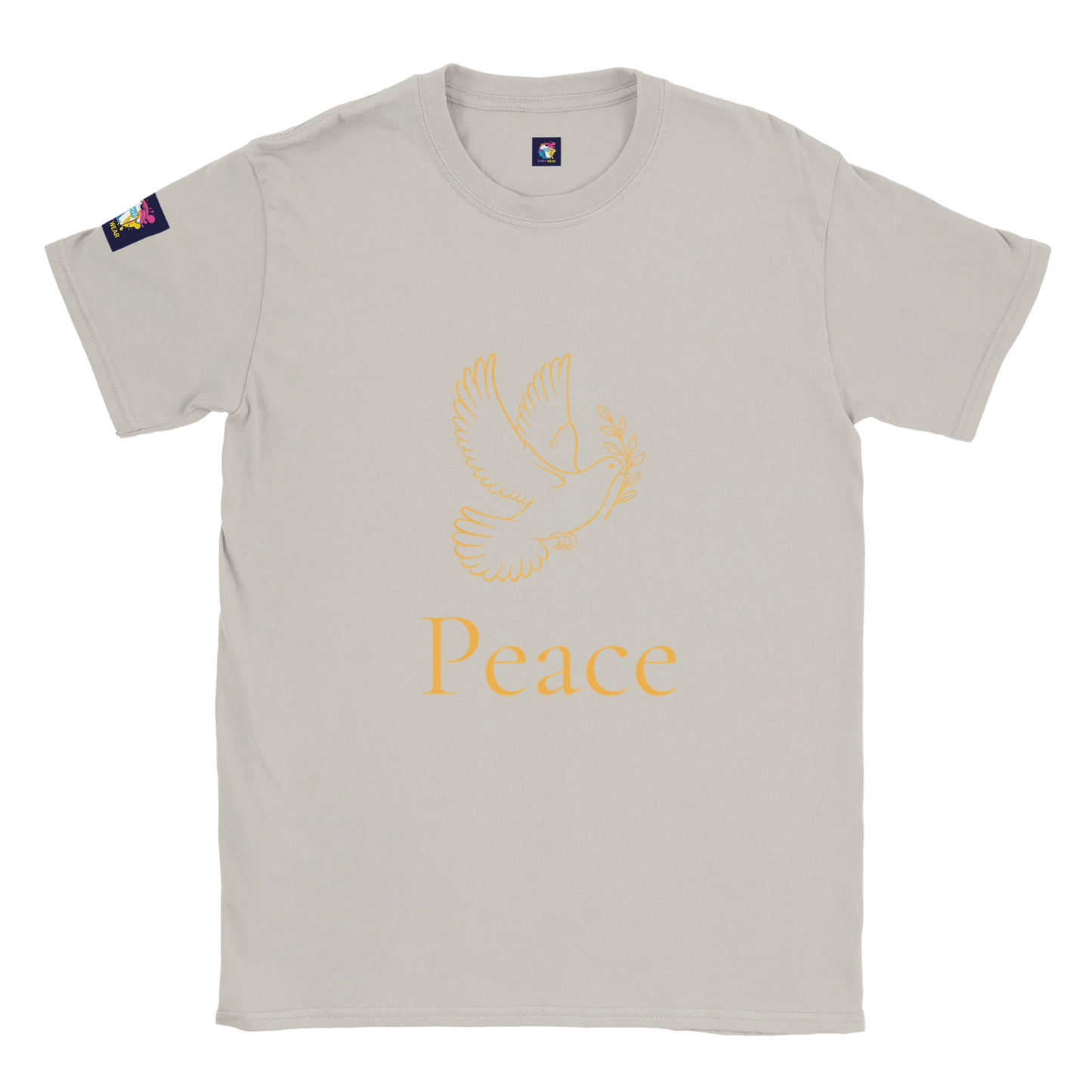 Light-colored Christian peace t-shirt featuring a dove and the word Peace in elegant typography