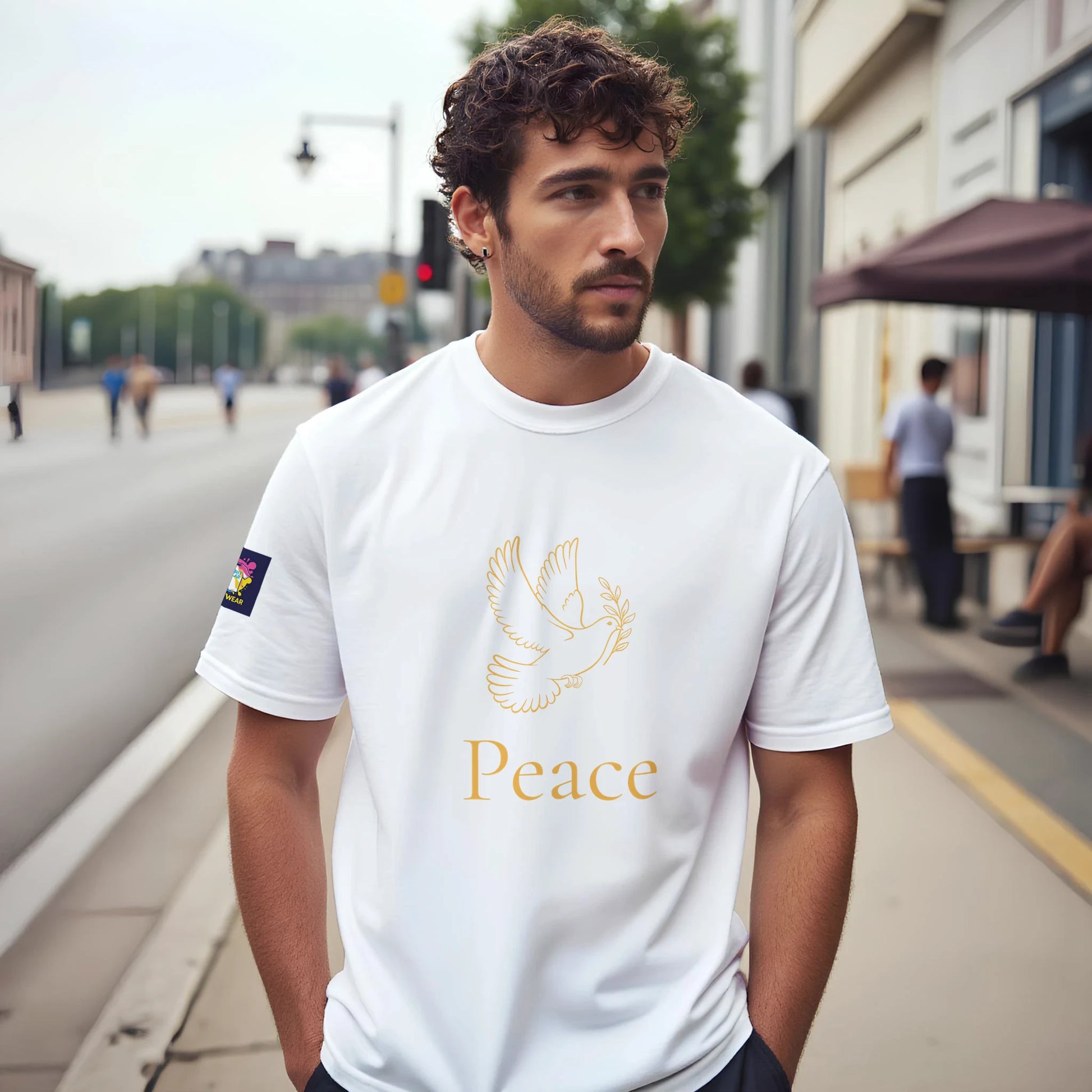 Christian peace t-shirt featuring a dove and gold lettering for a stylish and inspirational look