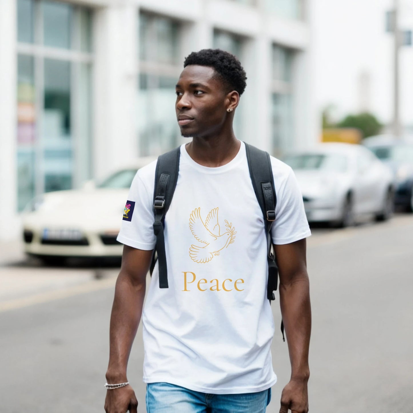 Stylish Christian peace t-shirt in white featuring a dove and the word 'Peace' for everyday wear