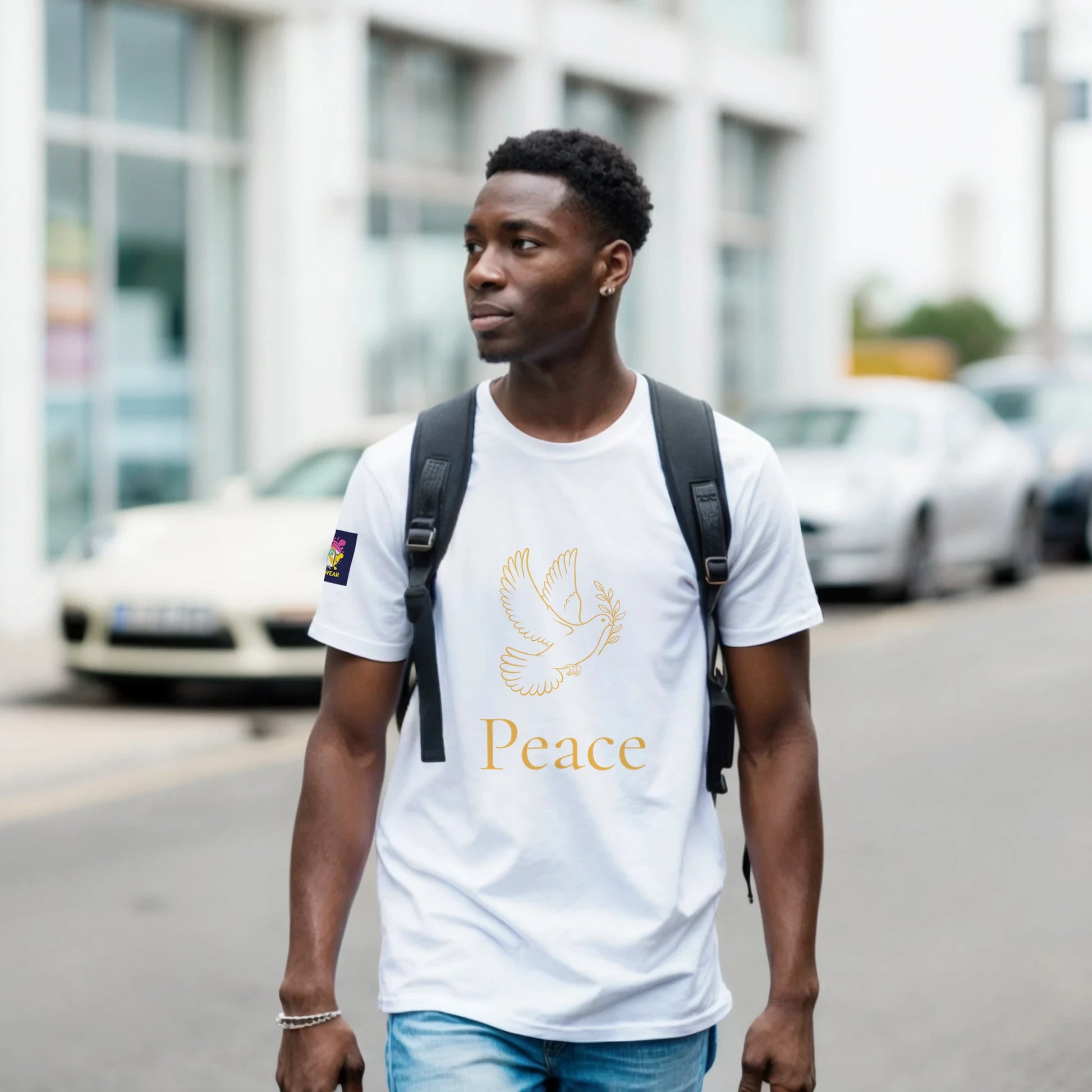 Stylish Christian peace t-shirt in white featuring a dove and the word 'Peace' for everyday wear