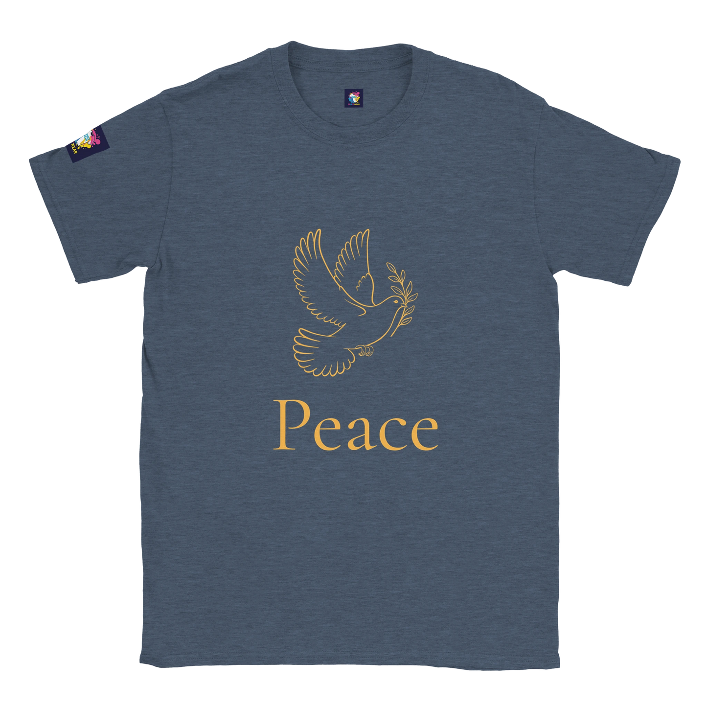 Spirit Wear Christian peace t-shirt featuring a dove and the word Peace in gold on a navy background
