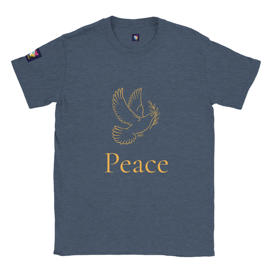 Spirit Wear Christian peace t-shirt featuring a dove and the word Peace in gold on a navy background