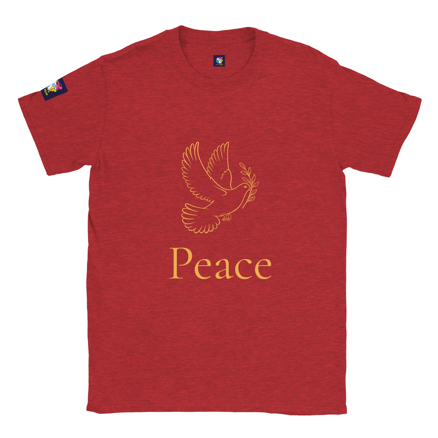 Red Christian peace t-shirt featuring a dove and the word Peace in gold lettering