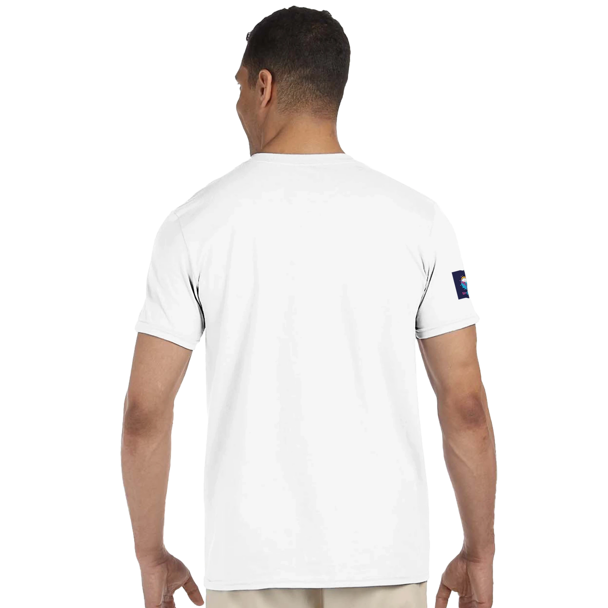Back view of a white Spirit Wear Christian peace t-shirt featuring a simple and stylish design