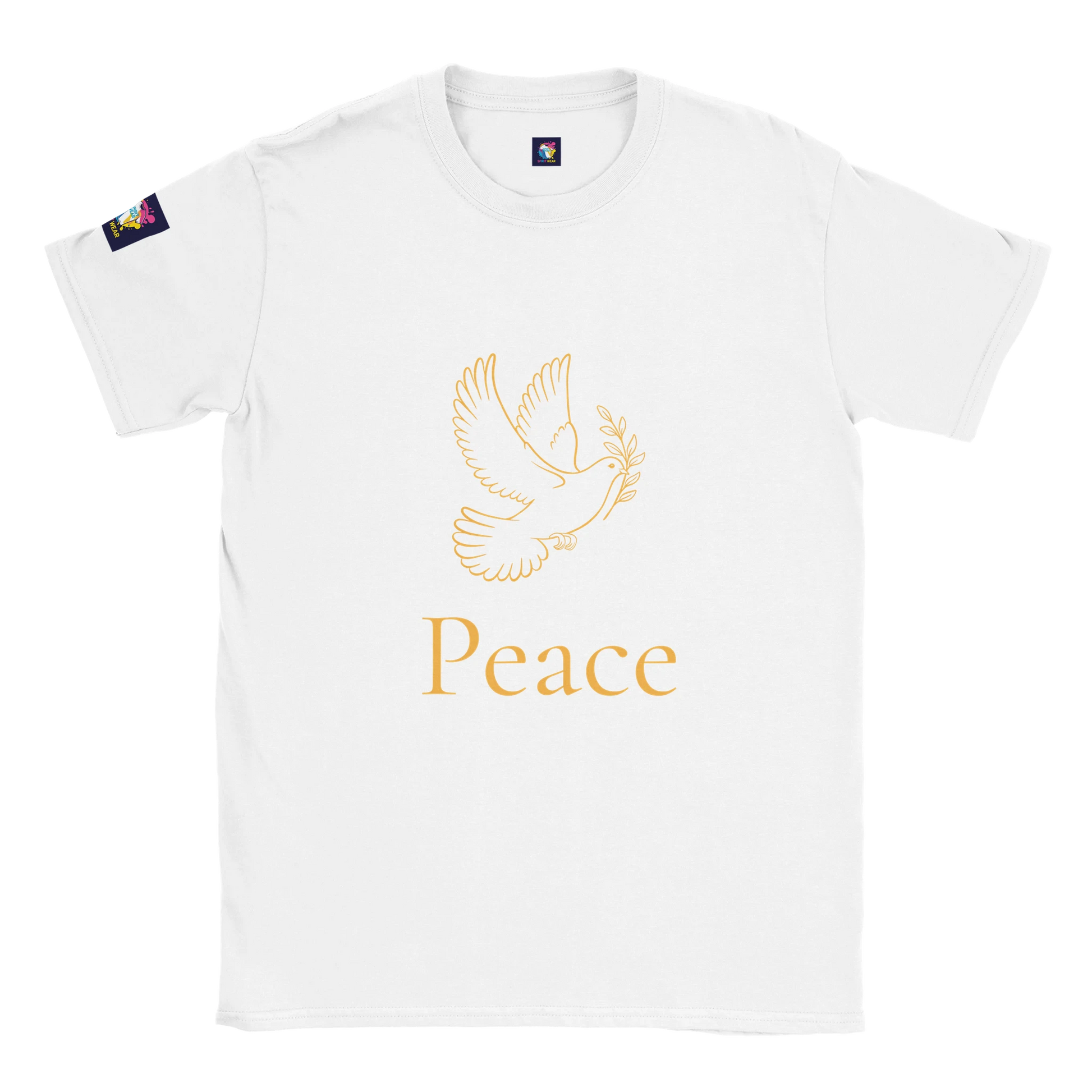 White Christian peace t-shirt featuring a dove and the word Peace in elegant font