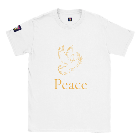White Christian peace t-shirt featuring a dove and the word Peace in elegant font