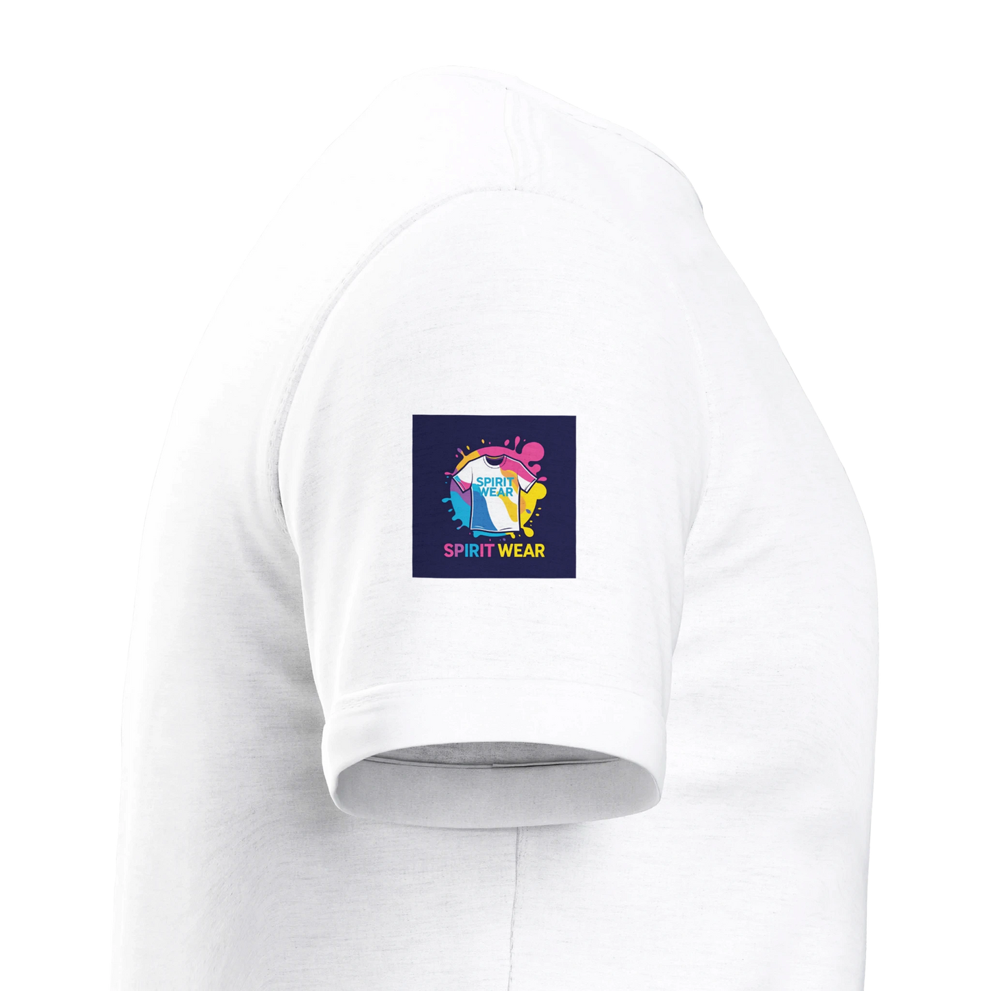 White Christian peace t-shirt featuring a colorful Spirit Wear logo on the sleeve
