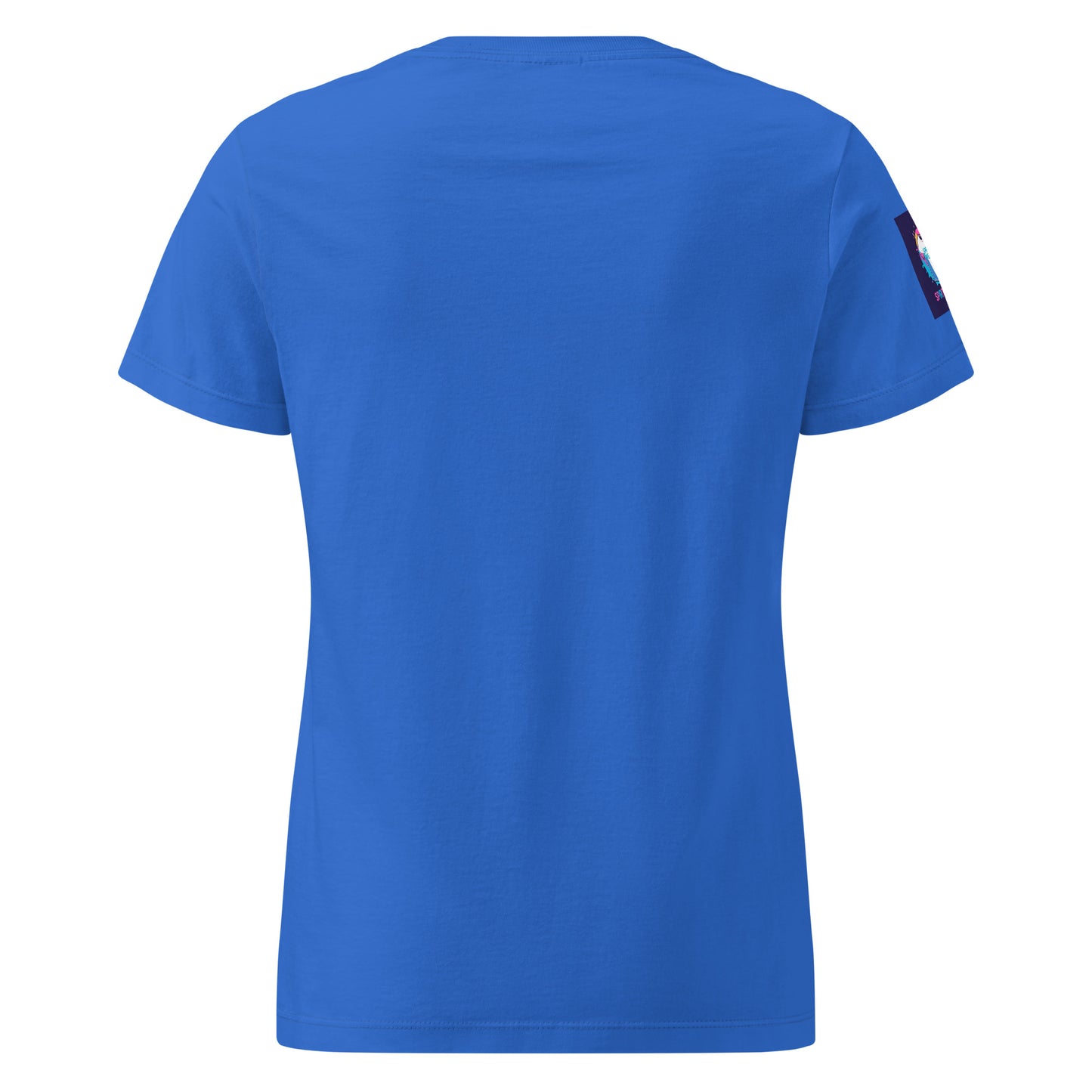 Back view of comfortable women's spiritual shirt in blue with short sleeves and relaxed fit