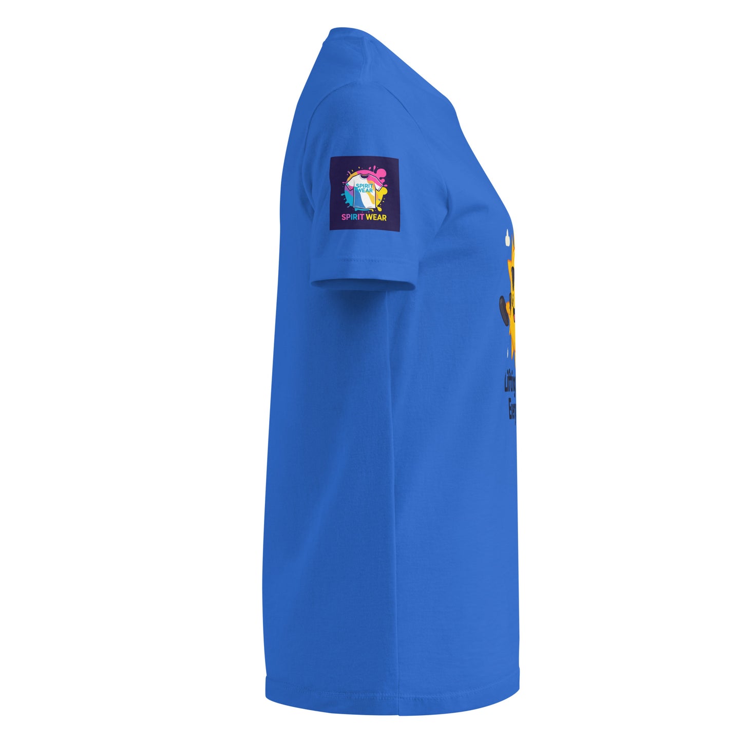Side view of comfortable women's spiritual shirt in blue with colorful sleeve patch from My Store