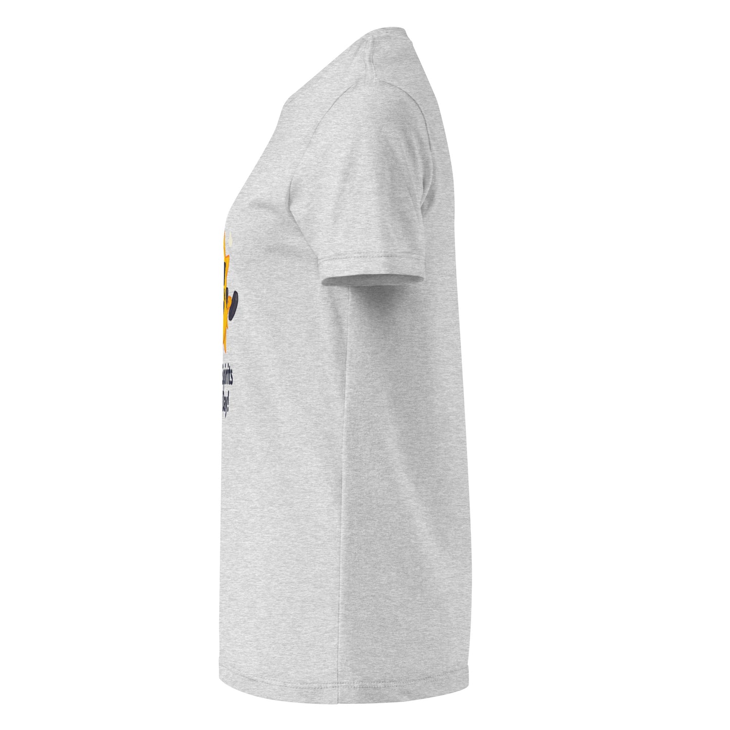 Side view of a gray comfortable women's spiritual shirt with short sleeves and relaxed fit