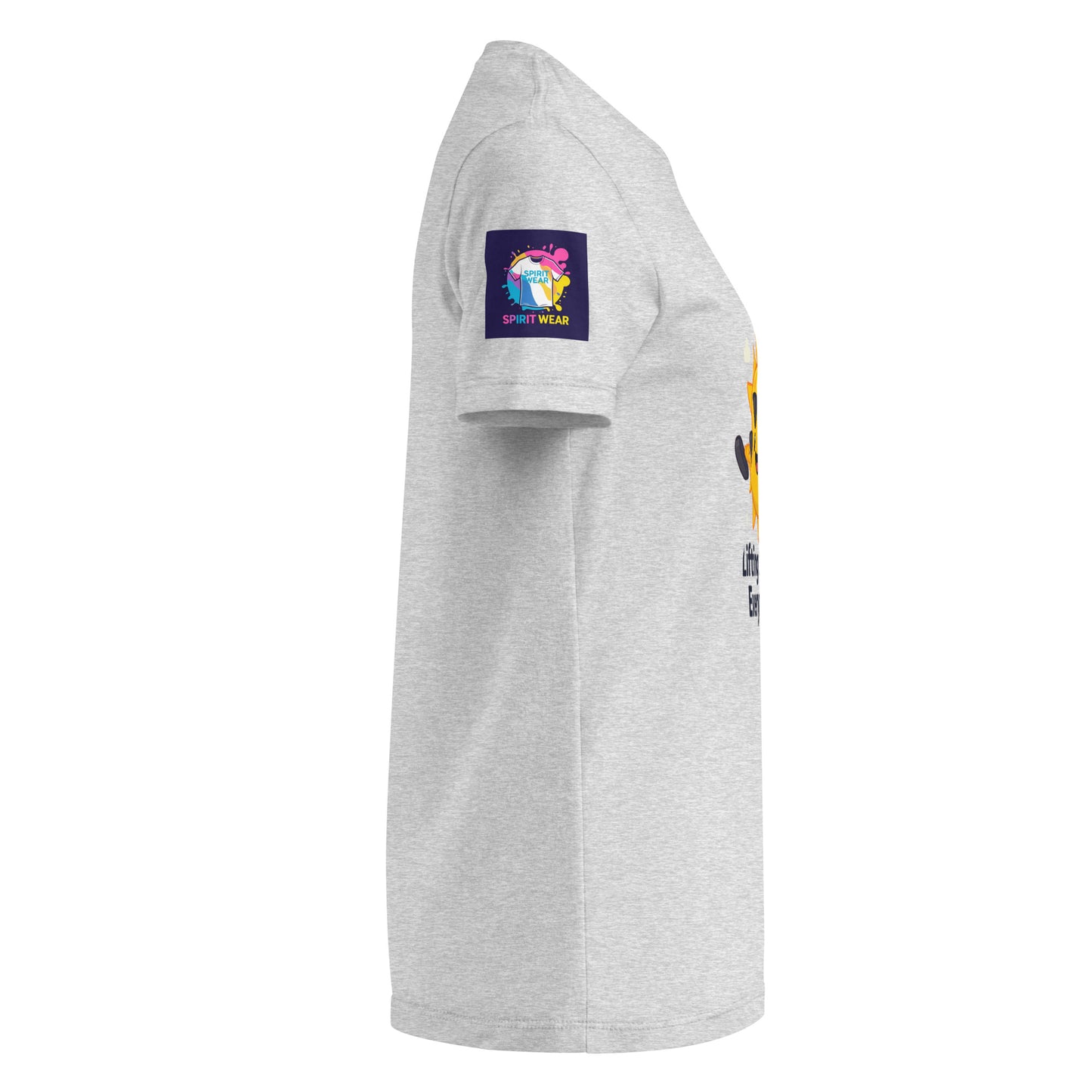 Side view of comfortable women's spiritual shirt in light gray with colorful logo on sleeve