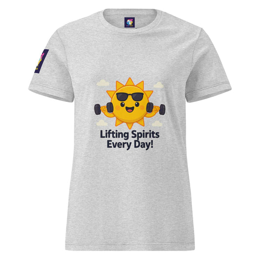 Comfortable women's spiritual shirt in light gray with a sun lifting weights and lifting spirits every day text