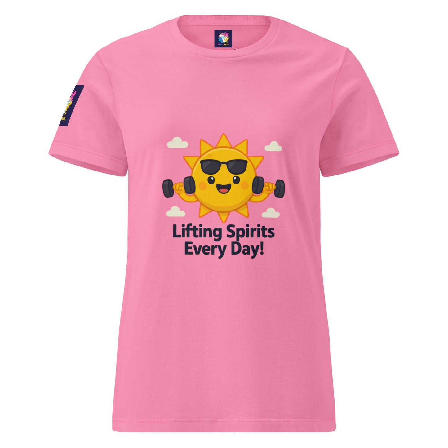 Comfortable women's spiritual shirt in pink with sun lifting weights and lifting spirits every day text