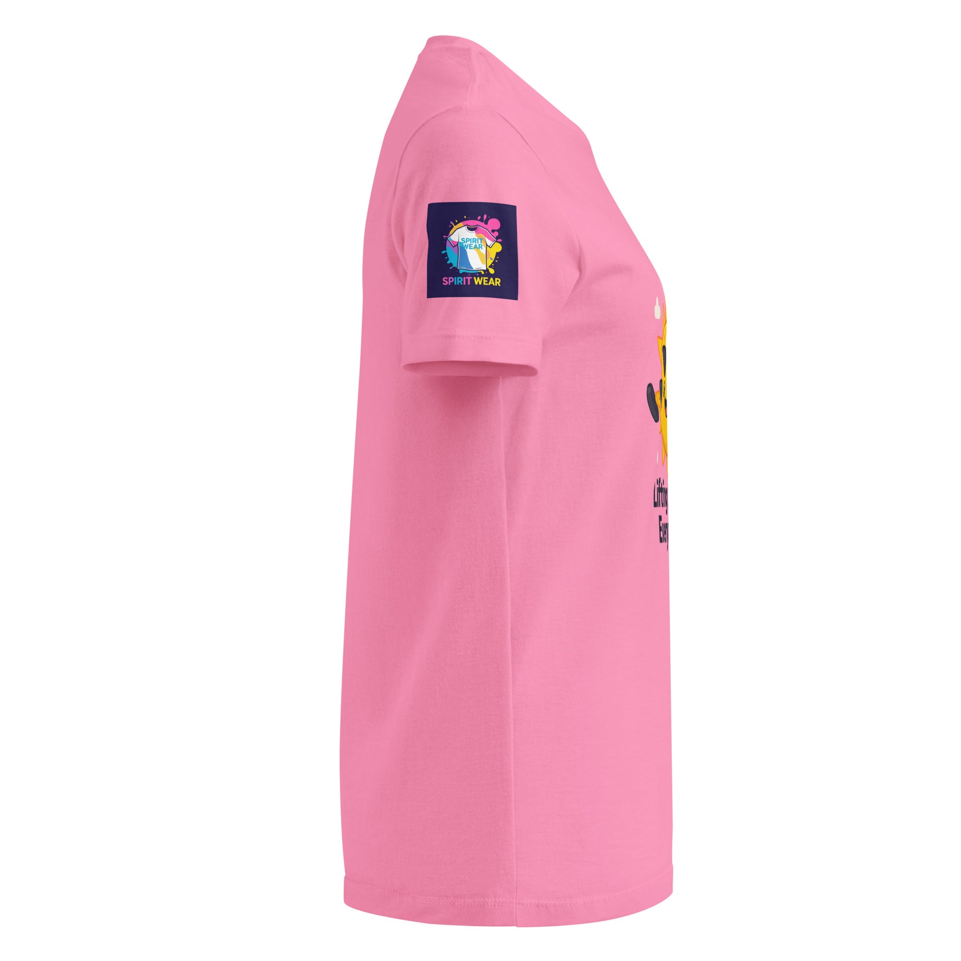 Side view of a comfortable women's spiritual shirt in pink with sleeve logo patch from My Store