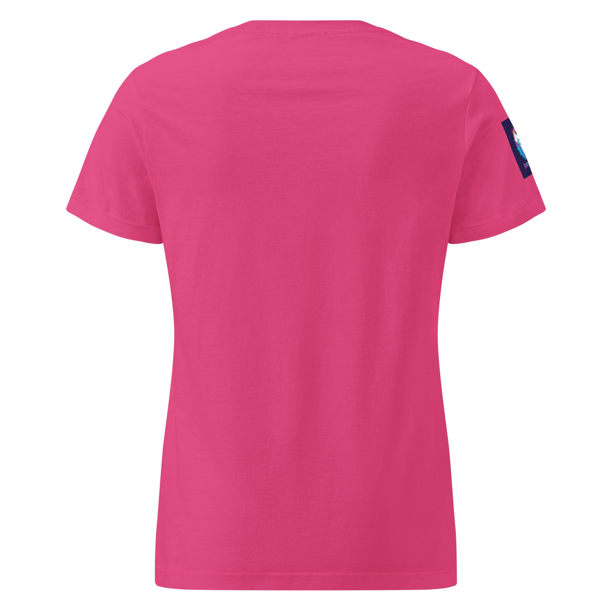 Back view of comfortable women's spiritual shirt in bright pink with short sleeves