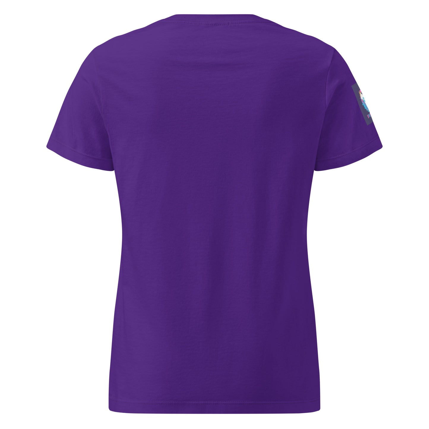 Back view of a comfortable women's spiritual shirt in solid purple with short sleeves