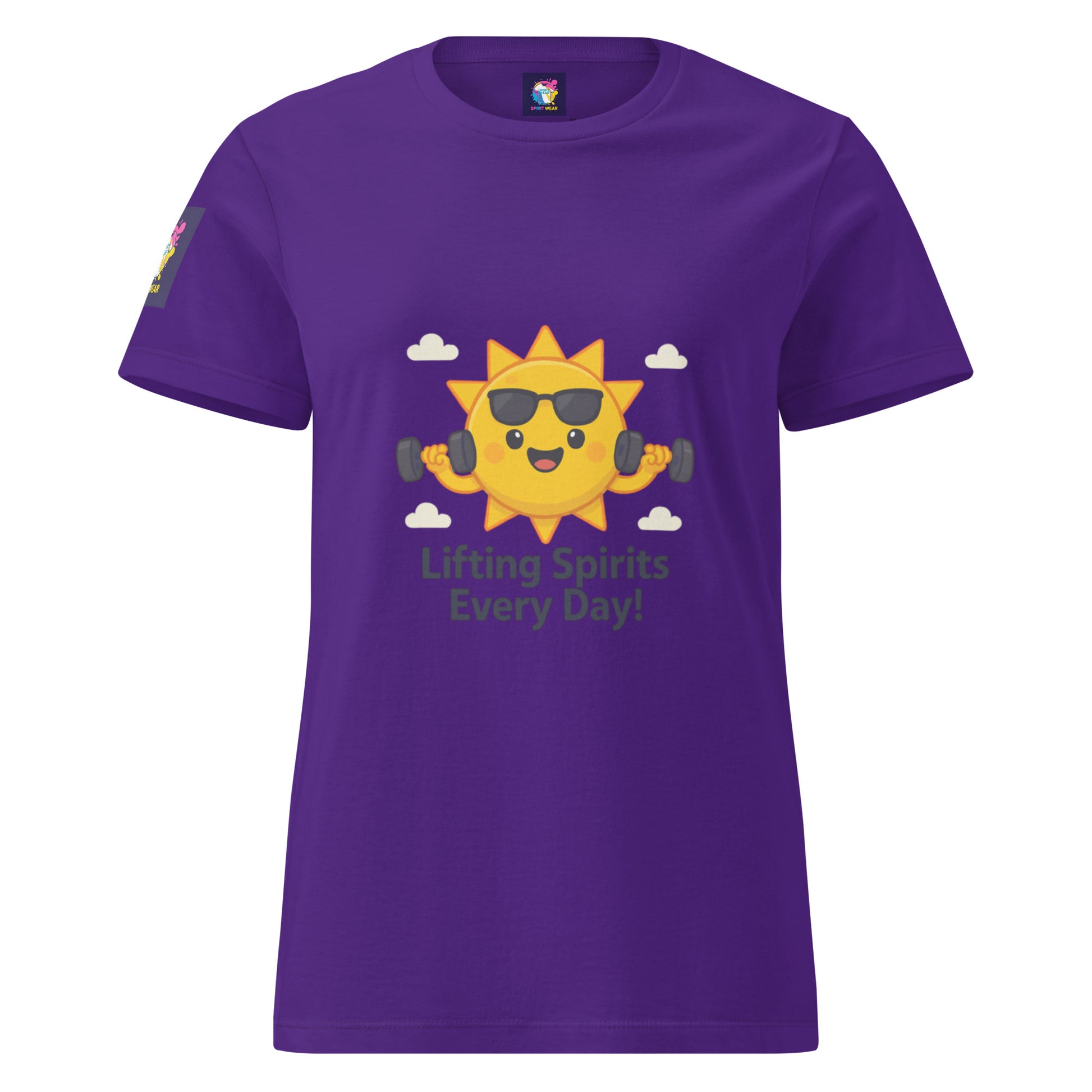 Purple comfortable women's spiritual shirt with sun lifting dumbbells and Lifting Spirits Every Day text