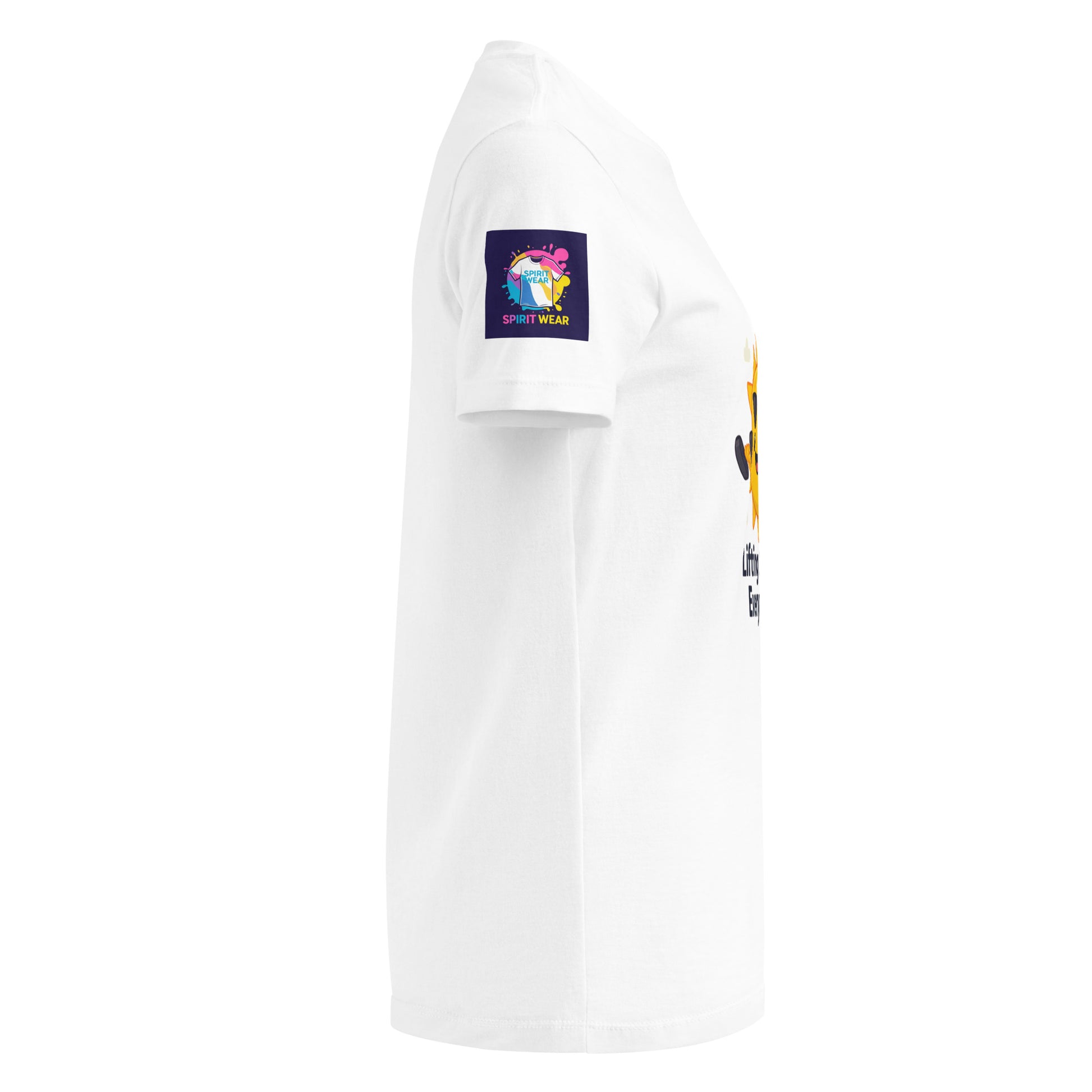 Side view of a comfortable women's spiritual shirt in white with colorful logo on sleeve