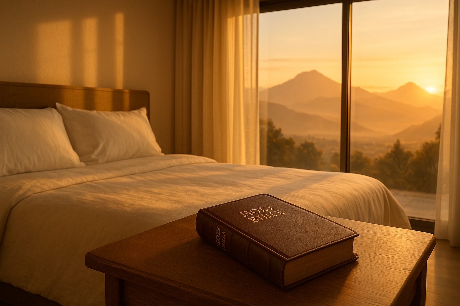 create an image of a bible on a bedside table, soft white linens on the bed with a large glass door or wall, curtains open with a mountain view at sunrise.
