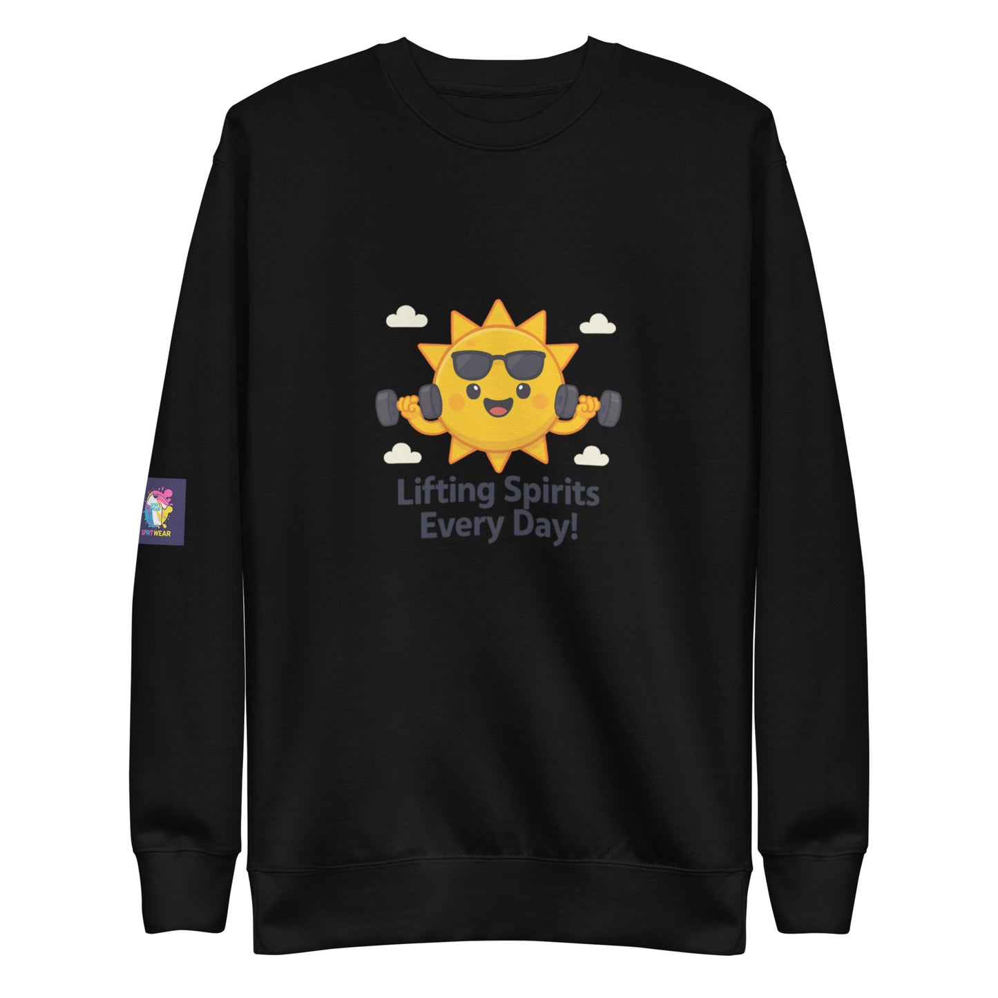 Black faith based premium sweatshirt by Spirit Wear with smiling sun lifting dumbbells and lifting spirits every day text
