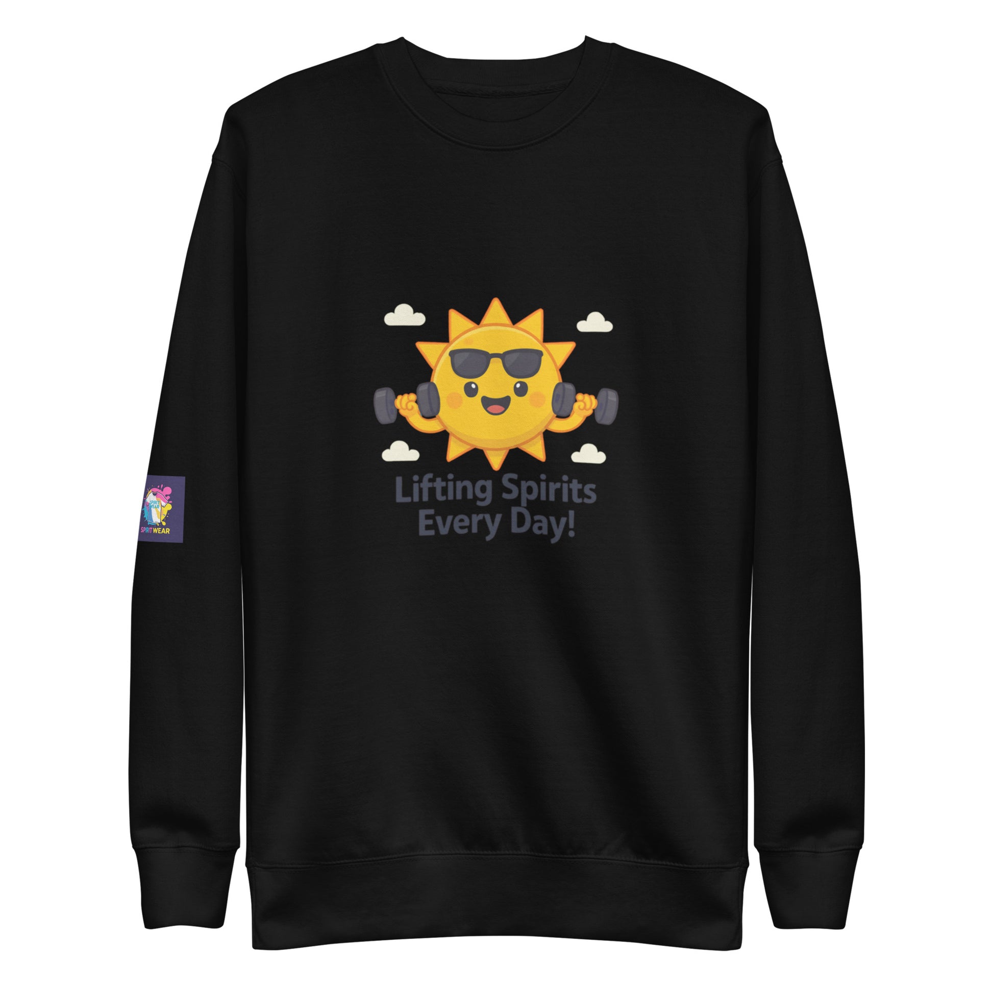 Black faith based premium sweatshirt by Spirit Wear with smiling sun lifting dumbbells and lifting spirits every day text