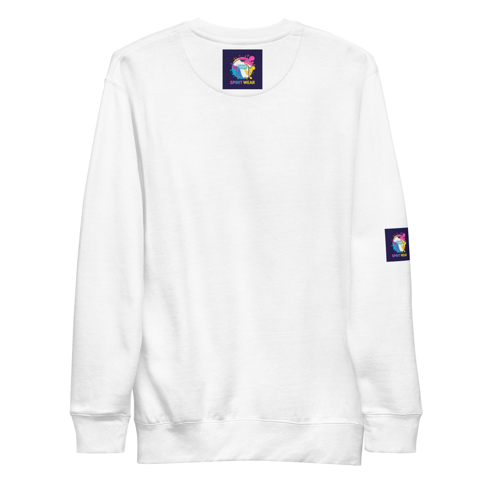 Spirit Wear white faith based premium sweatshirt with logo patches on collar and sleeve