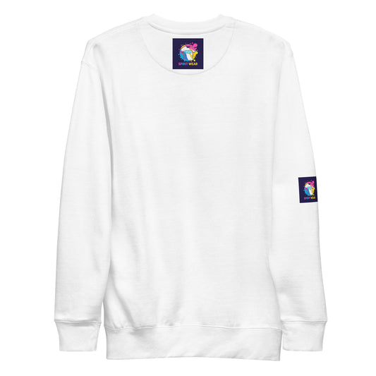 Spirit Wear white faith based premium sweatshirt with logo patches on collar and sleeve