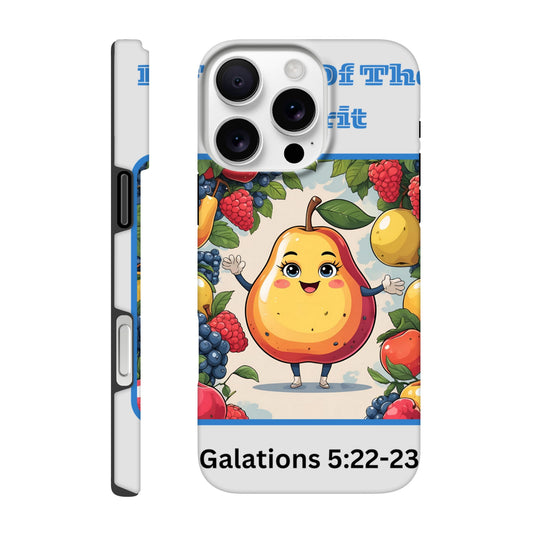fruits of the spirit phone case with cartoon pear and colorful fruit design featuring Galatians 5 22-23