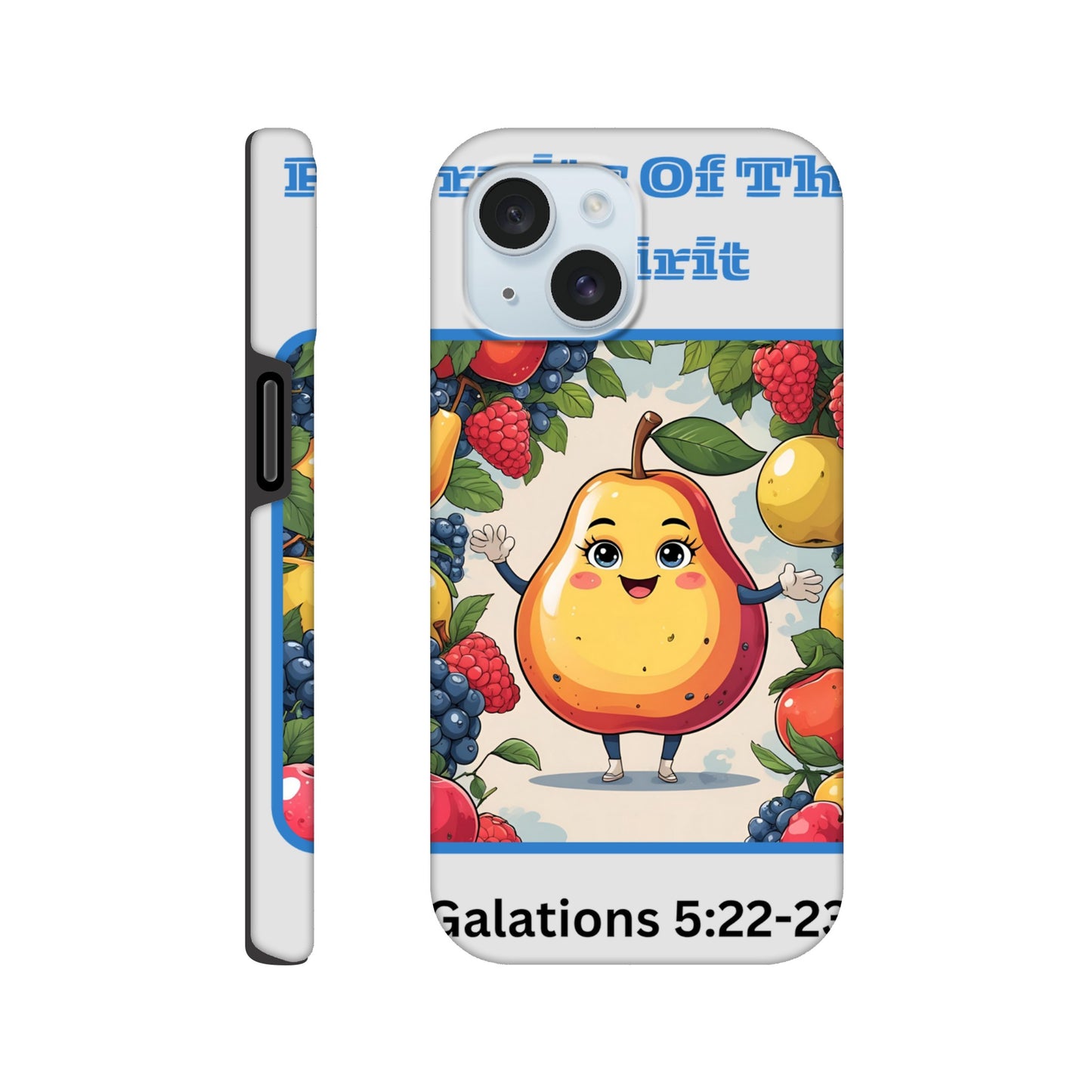 Fruits of the spirit phone case by Spirit Wear featuring a cute pear character and colorful fruit design