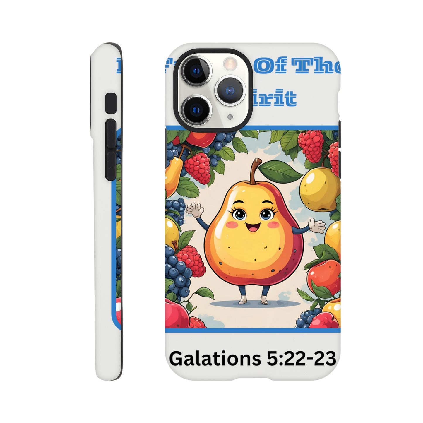 fruits of the spirit phone case with cheerful pear character and colorful fruits design by Spirit Wear
