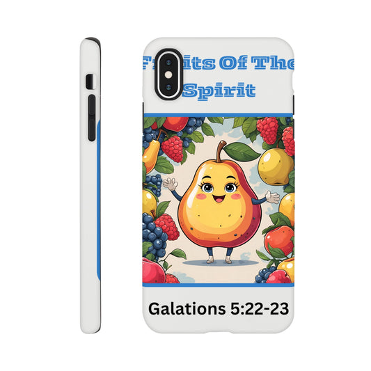 Fruits of the spirit phone case with colorful cartoon fruits and Galations 5:22-23 Bible verse design