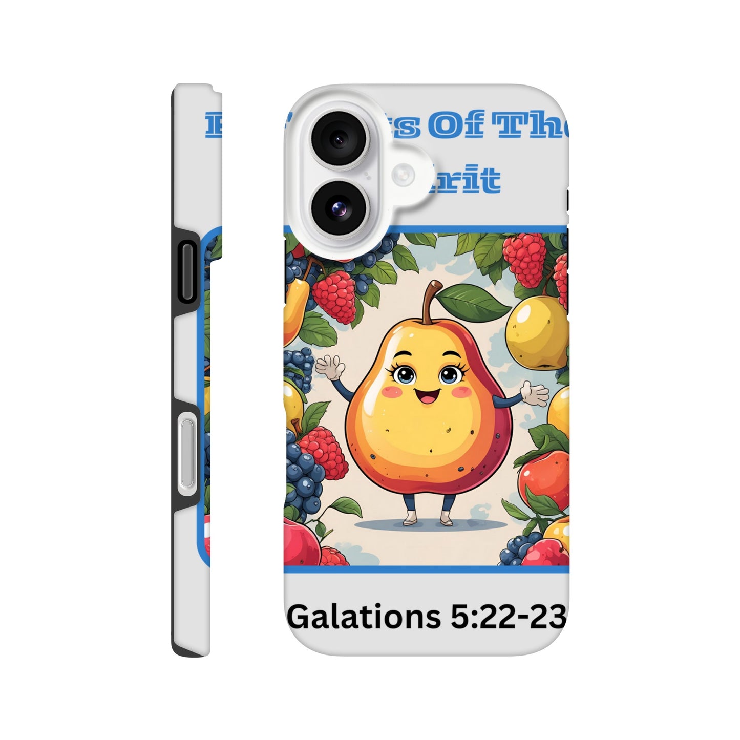 Fruits of the spirit phone case featuring a cute animated pear and colorful fruit design