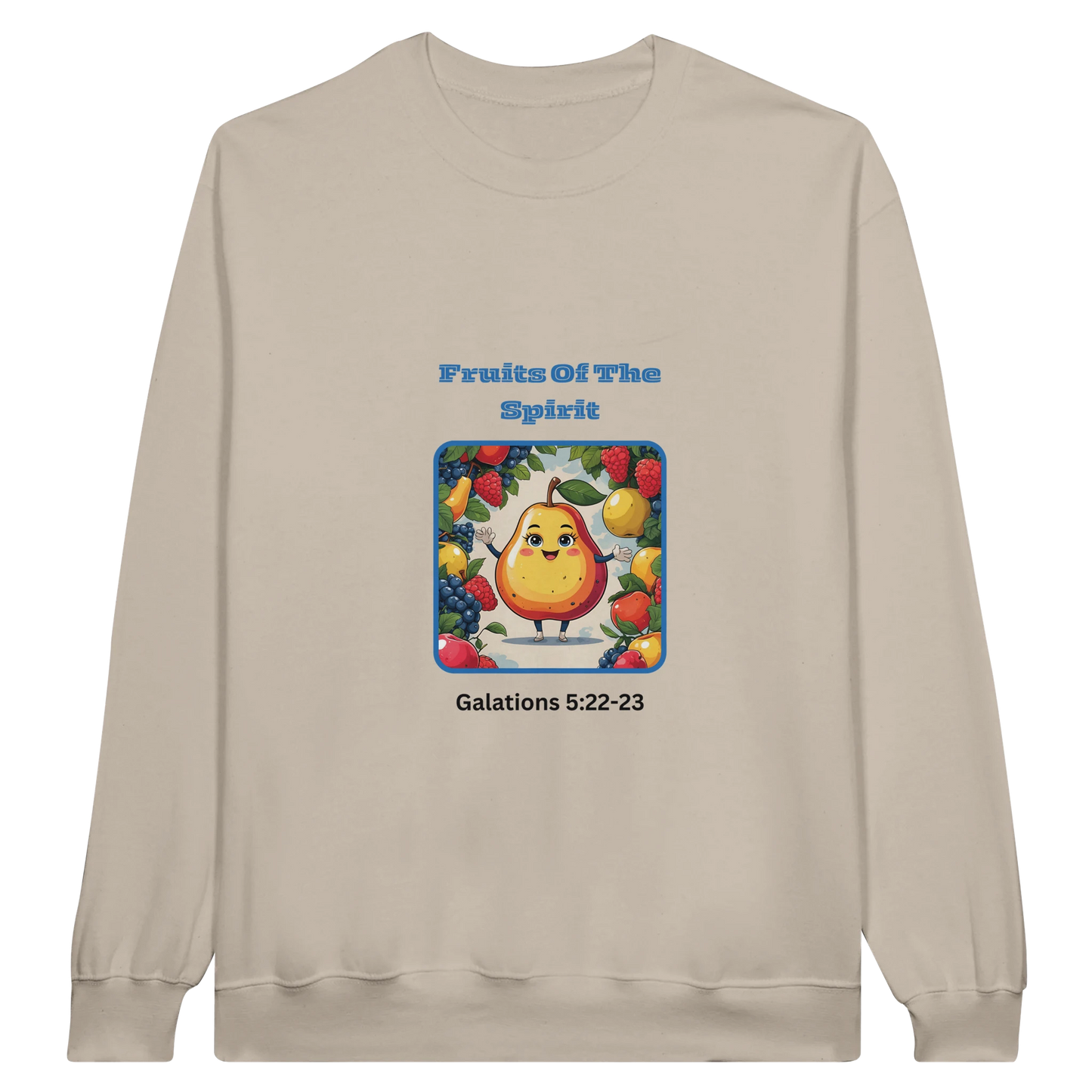Fruits of the spirit sweatshirt beige with colorful fruit design and Galatians 5 22-23 scripture text