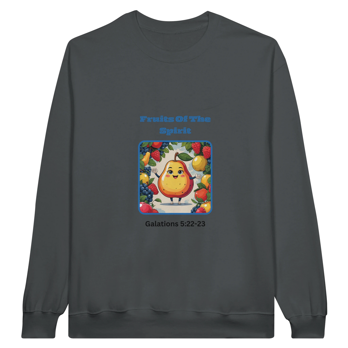 Gray fruits of the spirit sweatshirt by Spirit Wear with colorful fruit design and Galatians 5:22-23 text