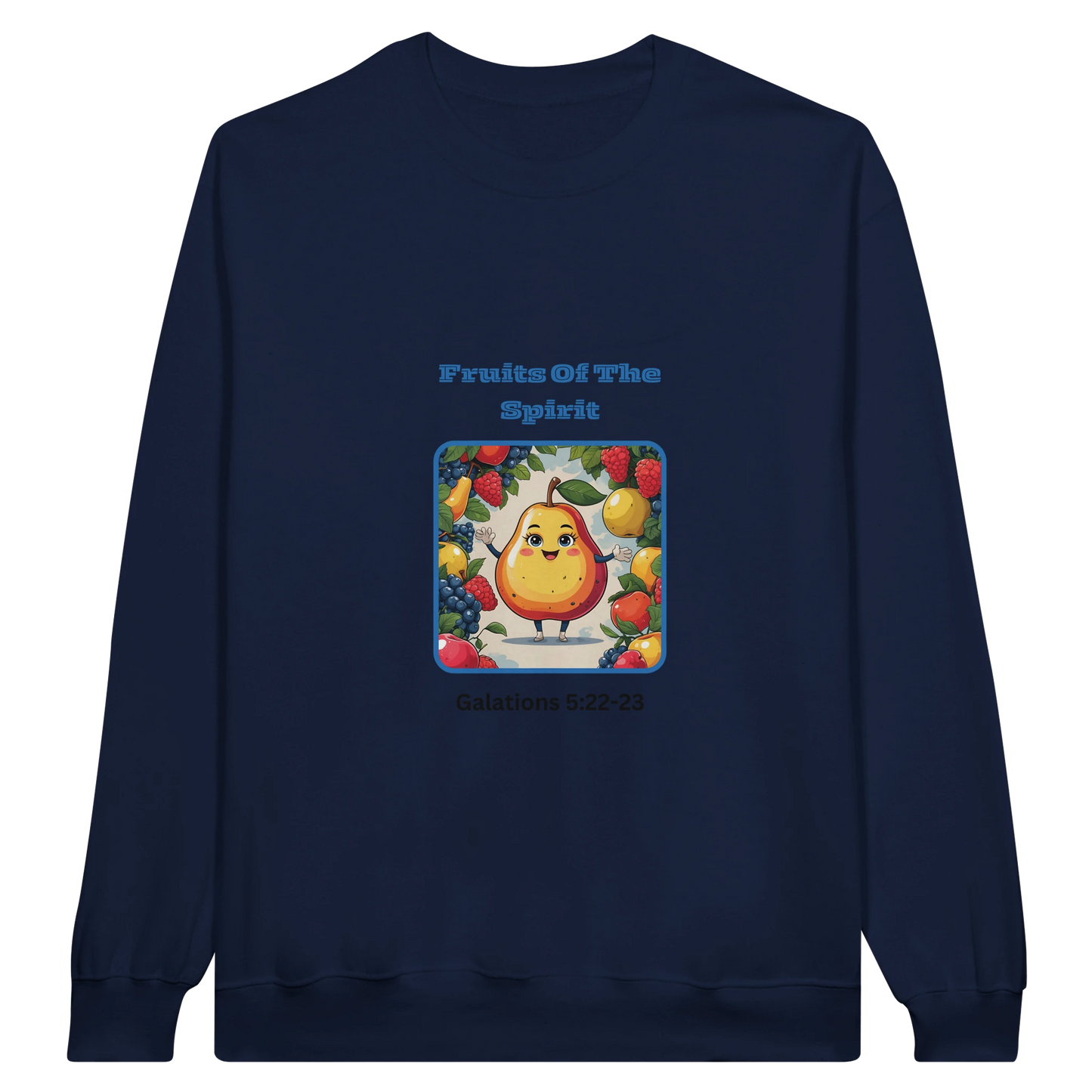 Navy blue fruits of the spirit sweatshirt by Spirit Wear with colorful fruit graphic and scripture reference
