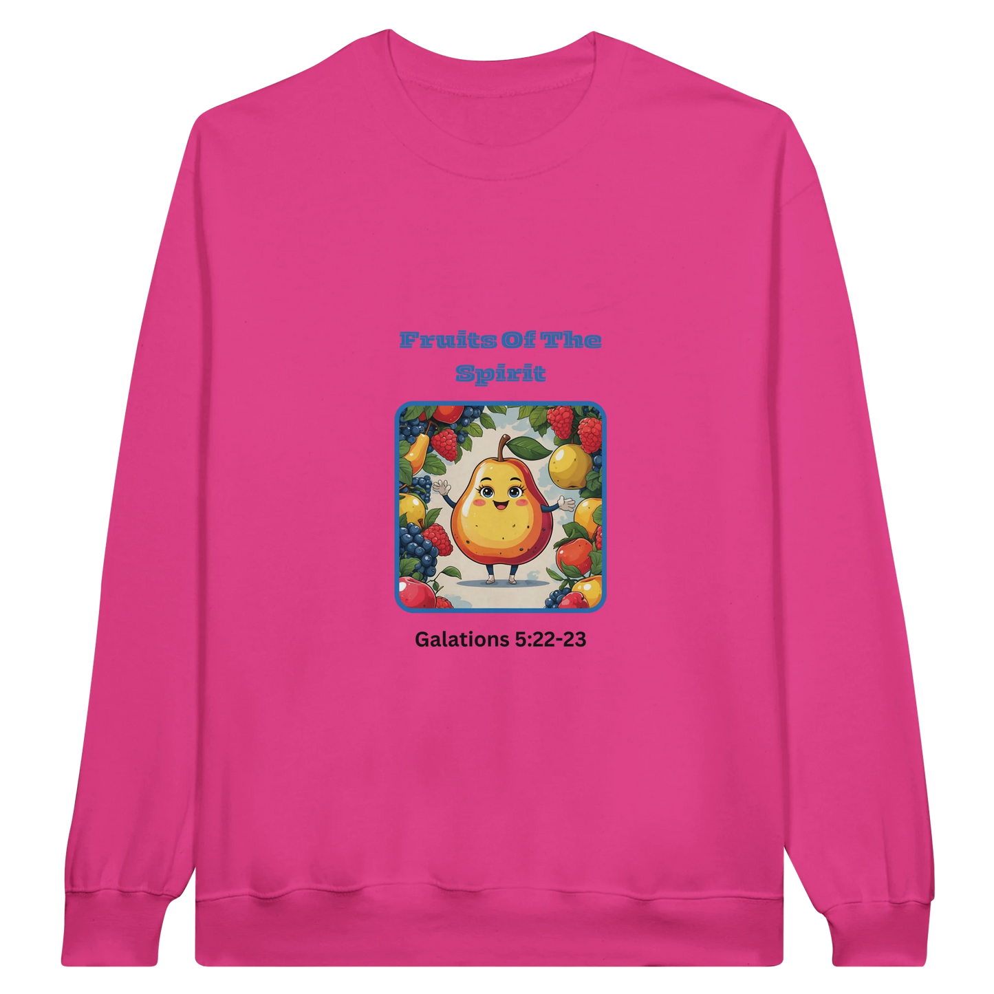 Pink fruits of the spirit sweatshirt by Spirit Wear with colorful fruit design and Galatians 5:22-23 scripture text
