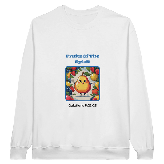 White fruits of the spirit sweatshirt by Spirit Wear with colorful fruit graphic and Bible verse Galatians 5:22-23
