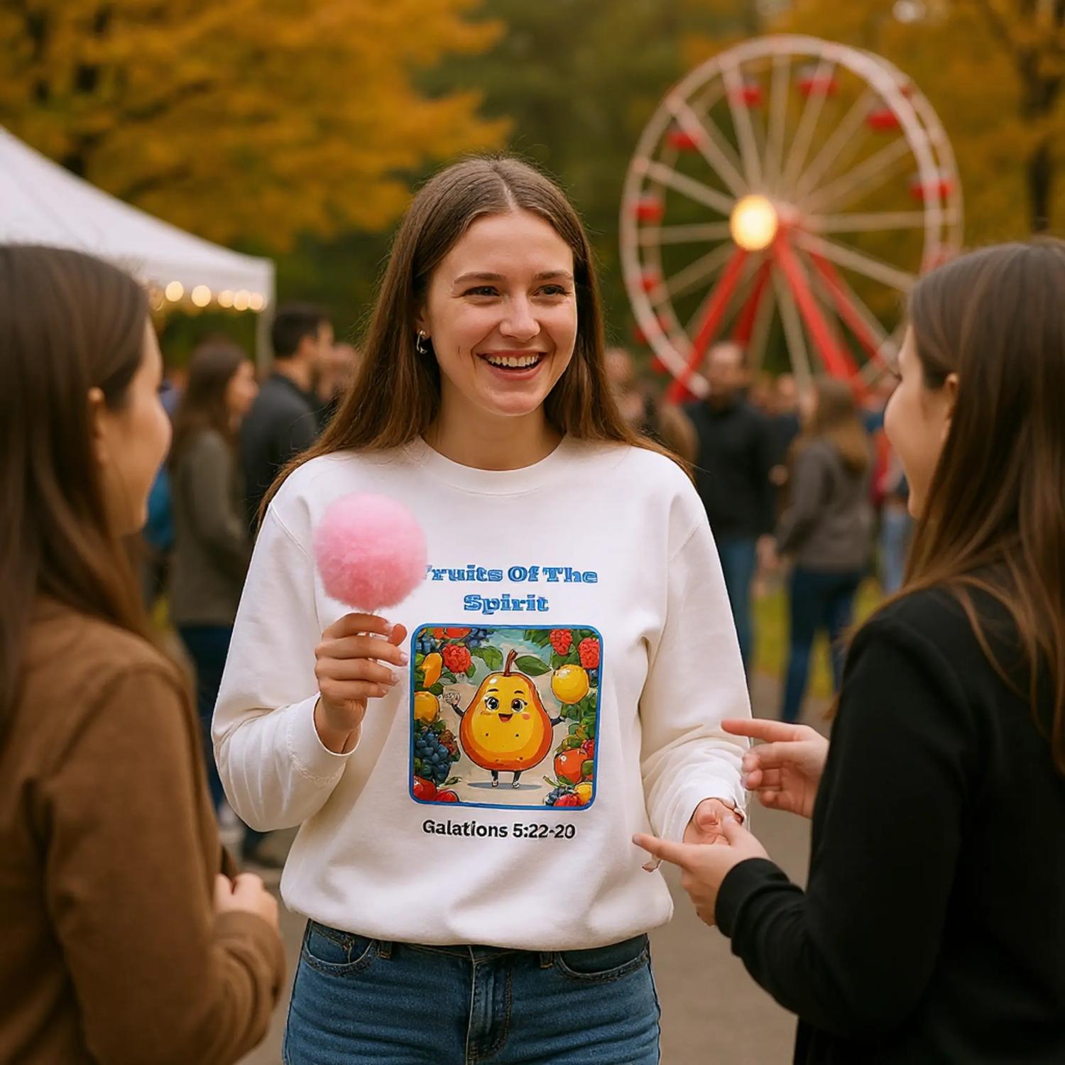 Woman wearing fruits of the spirit sweatshirt with colorful fruit design at outdoor festival