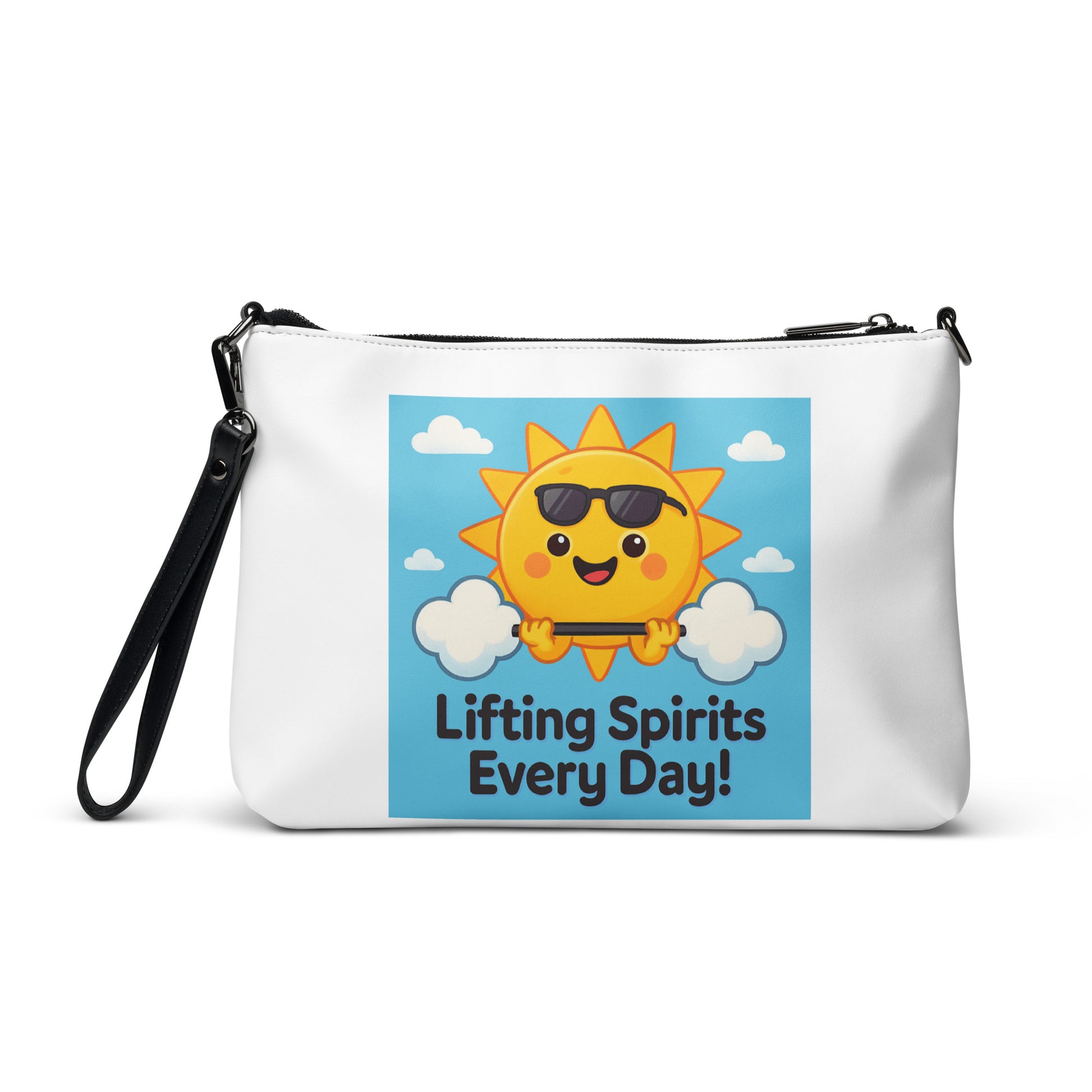 White inspirational crossbody bag with a cheerful sun and uplifting Lifting Spirits Every Day design
