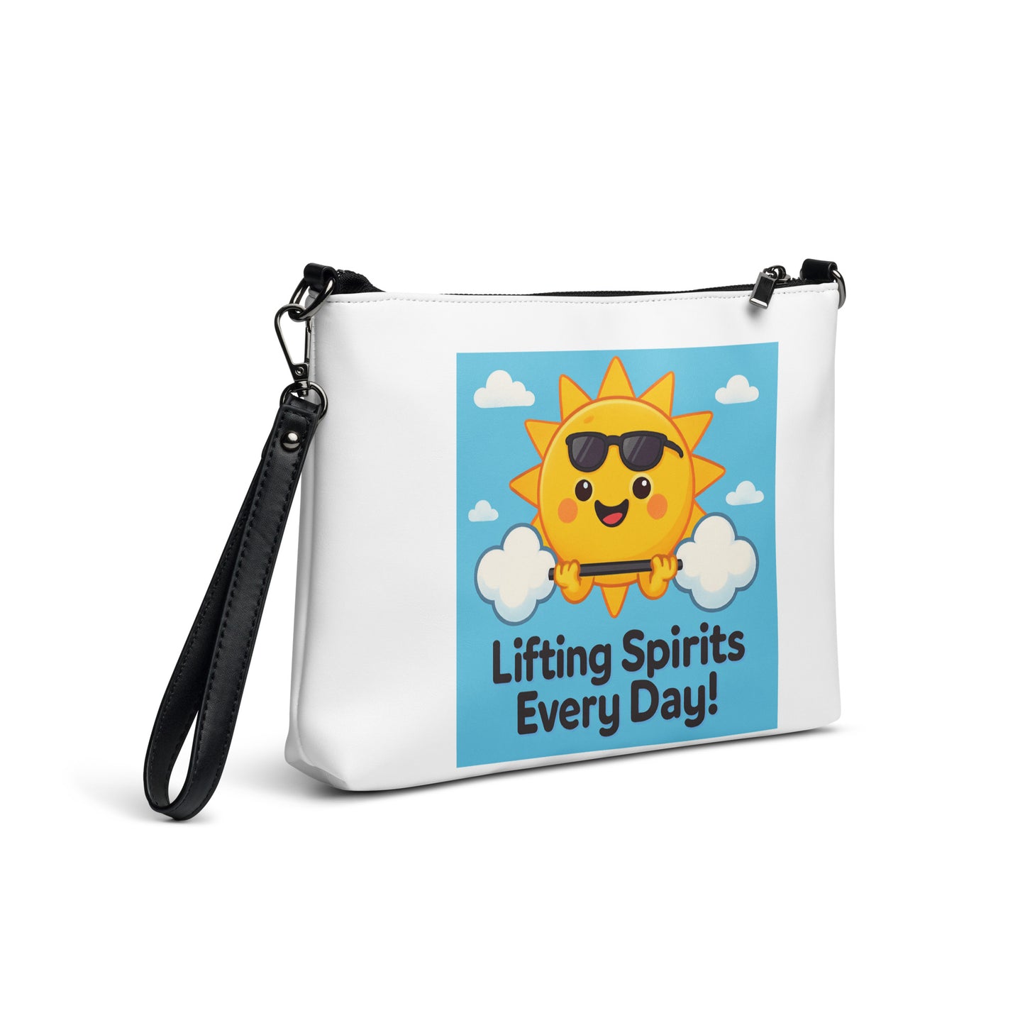 White inspirational crossbody bag with cute sun and lifting spirits every day design