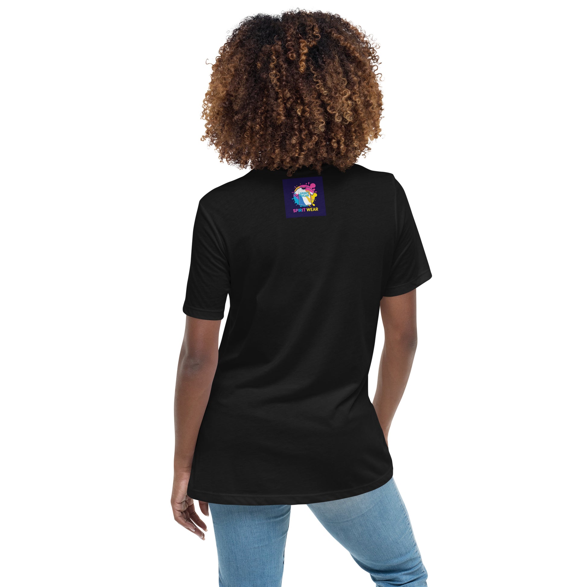 Back view of a woman wearing a black inspirational graphic tee for women by Spirit Wear with short sleeves