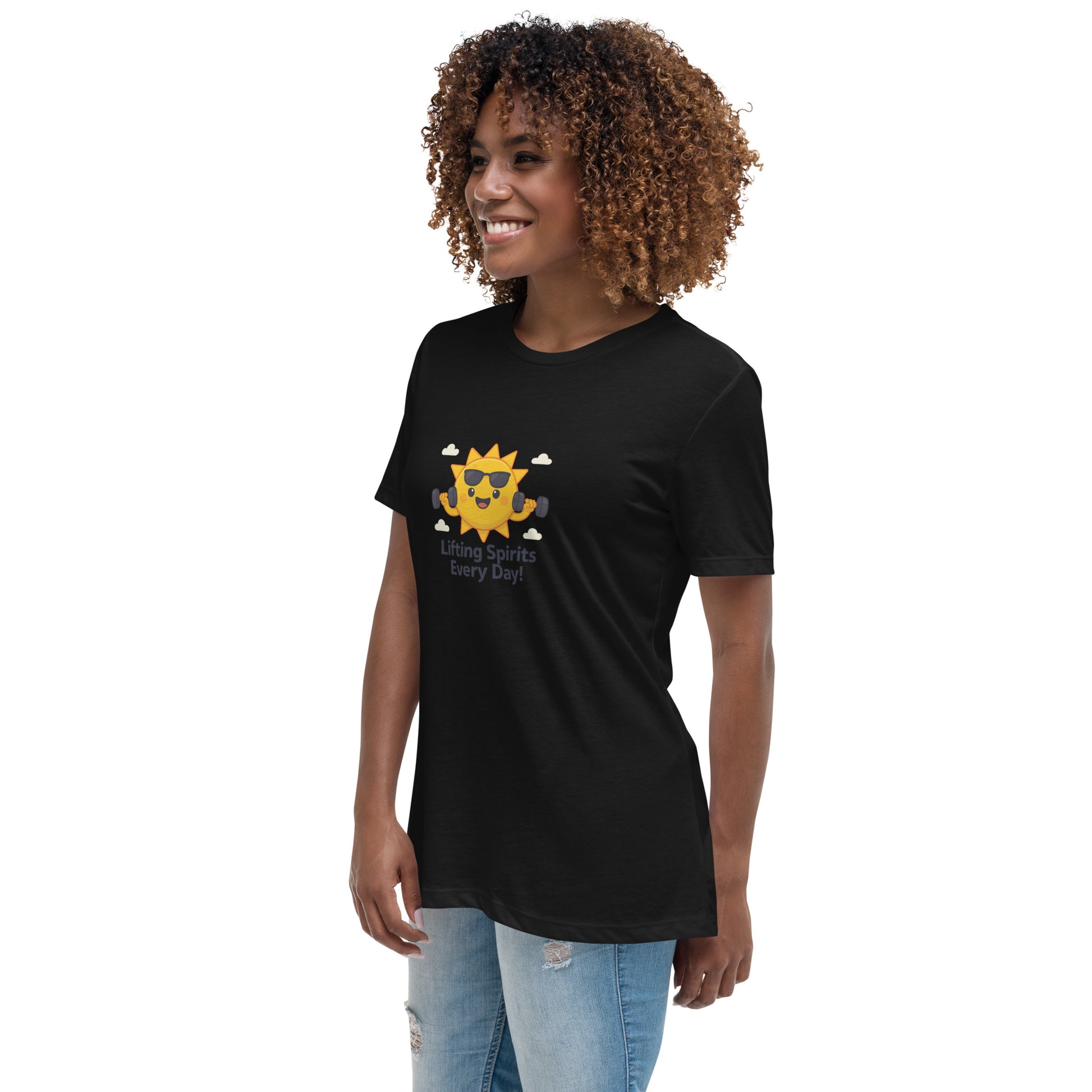 Black inspirational graphic tee for women featuring a smiling sun design and uplifting text