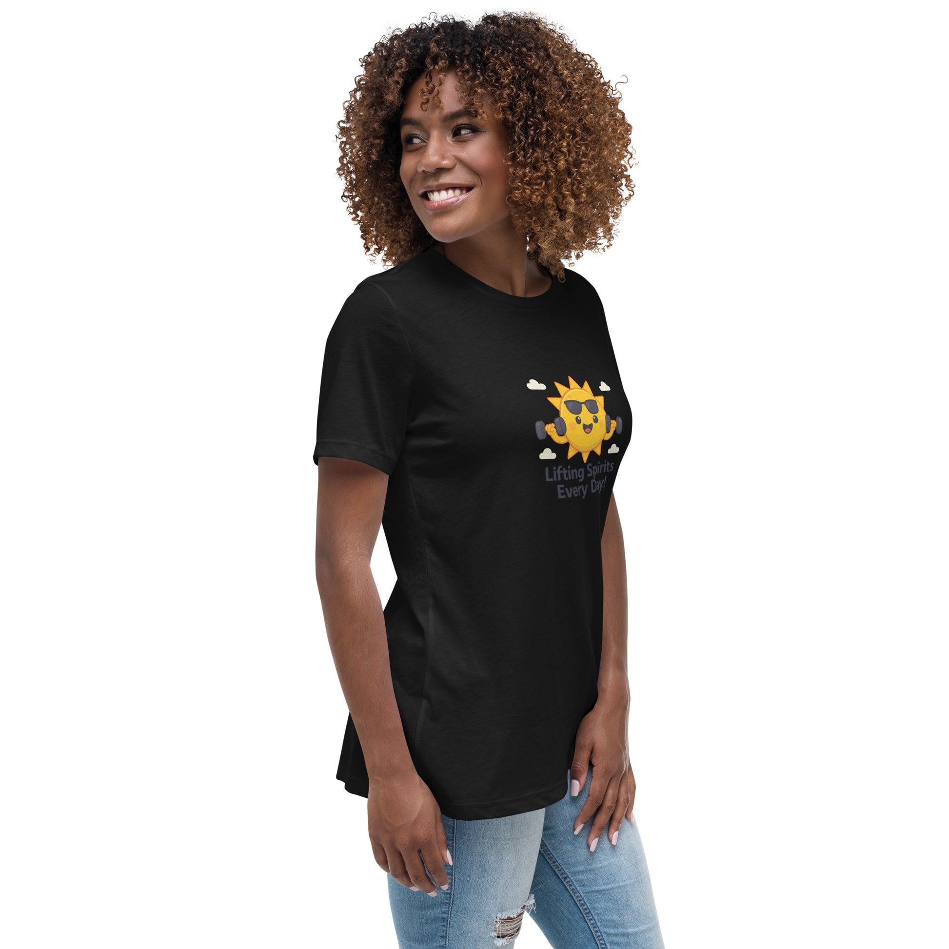 Spirit Wear black inspirational graphic tee for women with a smiling sun design and positive message