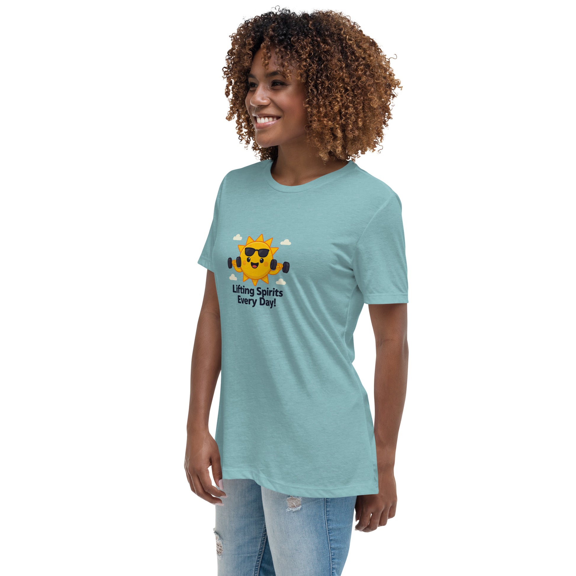 Heather Blue inspirational tee for women with a sun lifting weights and text Lifting Spirits Every Day   