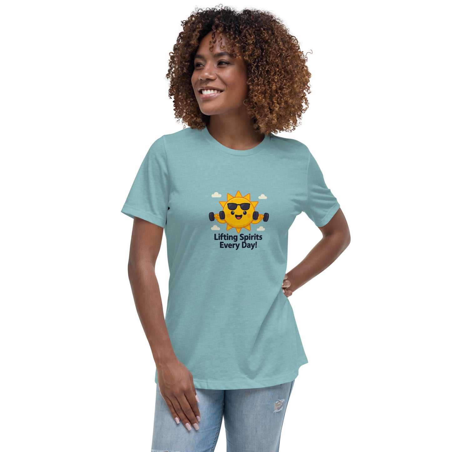 Heather Blue inspirational tee for women with a sun lifting weights and text Lifting Spirits Every Day 