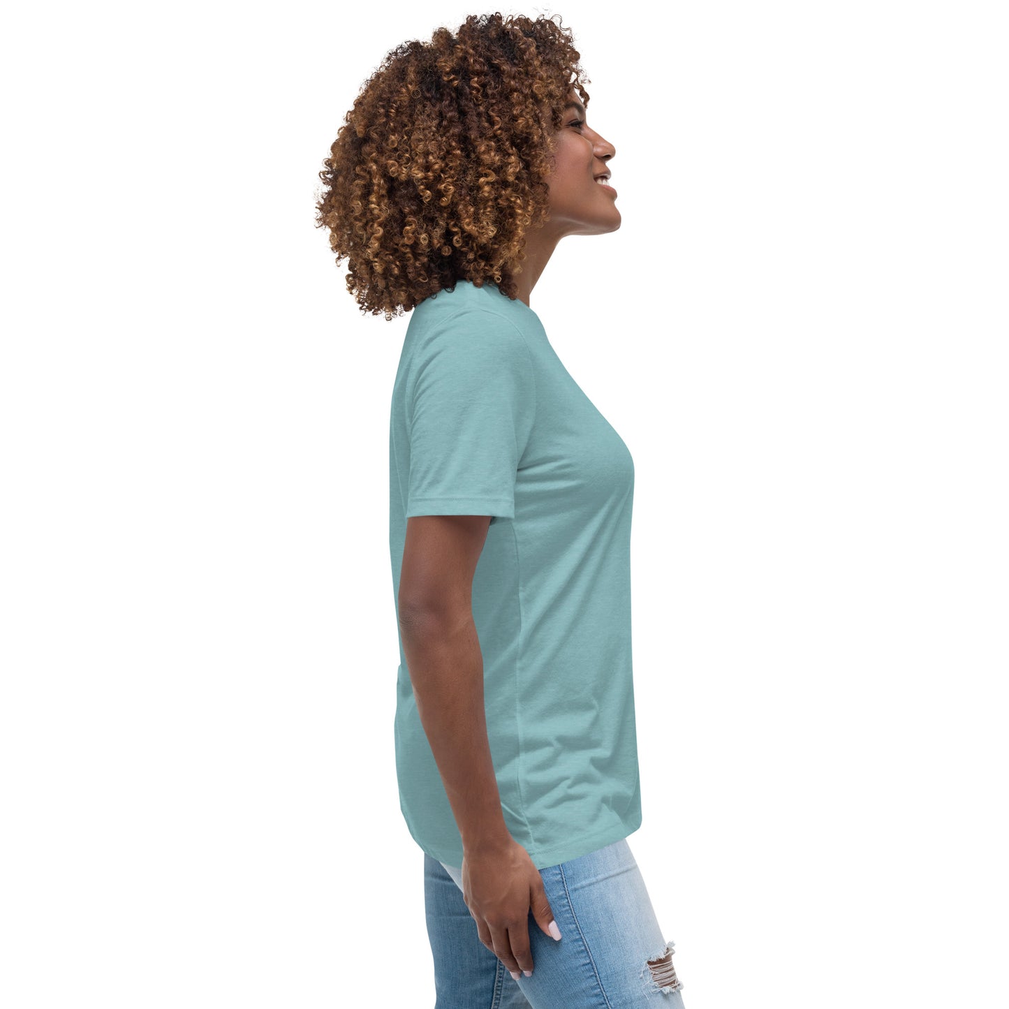 Heather Blue inspirational tee for women with a sun lifting weights and text Lifting Spirits Every Day  