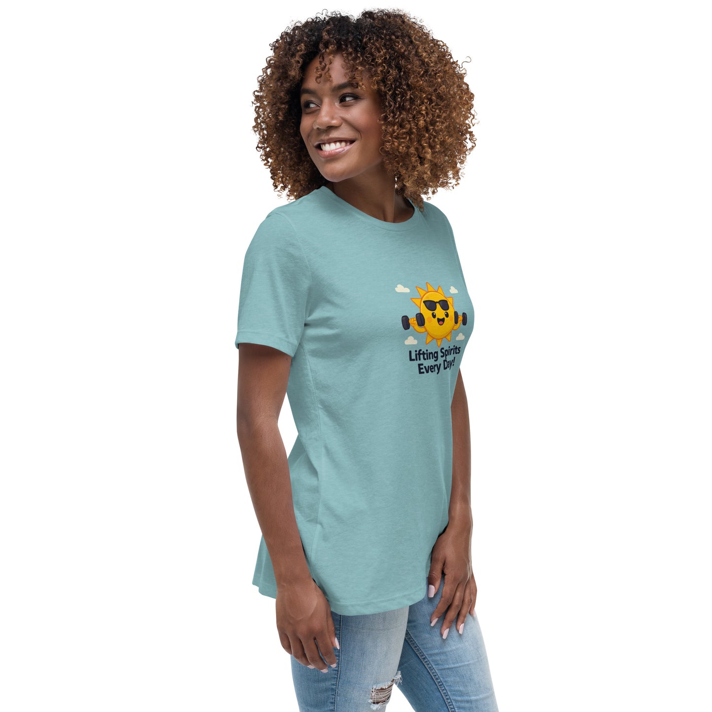 Heather Blue inspirational tee for women with a sun lifting weights and text Lifting Spirits Every Day    